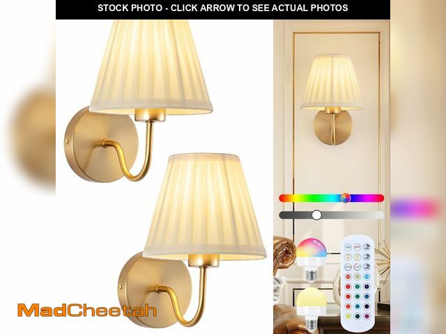 Lot 74-14341179 - Vintage Battery Operated Wall Sconces Set of 2, Pleated Fabric Shade Gold Wall Lamp with Remote Cont...