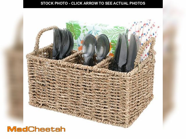 Lot 74-14051141 - Niuirt Wicker Party Silverware Caddy, Seagrass Plastic Cutlery Utensil Holder, Hand Woven with Handl...