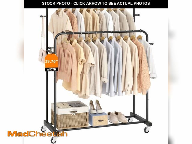 Lot 74-13564072 - Laiensia Double Rods Garment Rack with Wheels, Clothing Rack for Hanging Clothes,4 Hooks, Multi-func...
