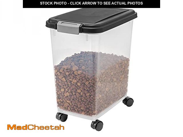 Lot 74-12098284 - IRIS USA Airtight Pet Food Storage Container with Wheels, Black, 30 lb Capacity - BPA-Free Clear Pla...