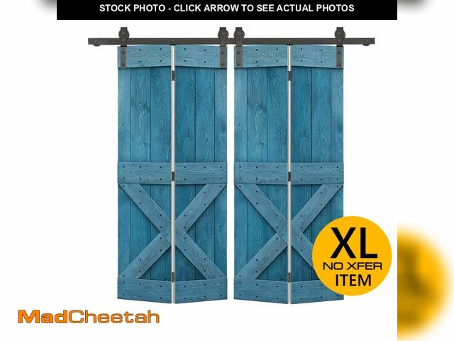 Lot 74-13012324 - 72 in. x 84 in. Mini X Series Ocean Blue Stained DIY Wood Double Bi-Fold Barn Doors with Sliding Har...