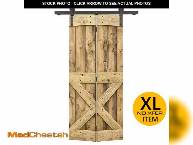 Lot 74-13673893 - 32 in. x 84 in. Mini X Series Weather Oak Stained DIY Wood Bi-Fold Barn Door with Sliding Hardware K...