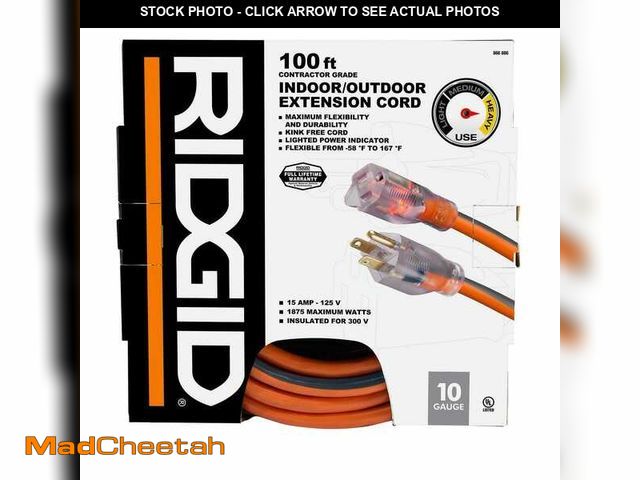 Lot 74-13496993 - RIDGID 100 ft. 10/3 Heavy Duty Indoor/Outdoor SJTW Extension Cord with Lighted End, Orange/Grey - UN...