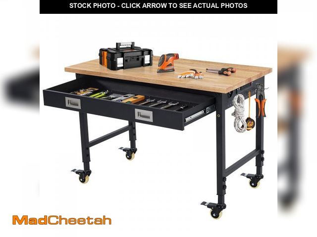 Lot 74-12156529 - *SEE DETAILS* FinerFurnis Adjustable Height Workbench, Heavy Duty Rubberwood Top, 60" x 22", 2000 lb...