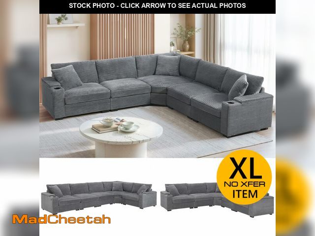 Lot 74-14611151 - (MISSING HARDWARE) Merax 106" Corduroy Sectional Corner Sofa with Cup Holders &amp; USB Charger, 5 S...