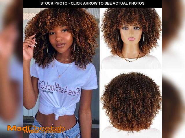 Lot 74-11980559 - LINGHANG Short Curly Afro Wigs with Bangs for Black Women, Brown Afro Kinky Curly Wigs for Black Wom...