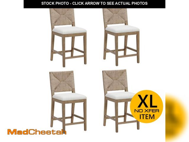 Lot 74-14393261 - Beacon 24 in. Bohemian Boucle Upholstered Wood Counter Height Bar Stool w/ Woven Back, Cream Boucle/...