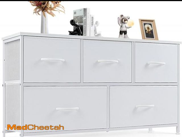 Lot 74-12137635 - DUMOS Dresser for Bedroom, 5 Storage Drawers, Wide Fabric Closet Chests Organizer Tower Furniture wi...