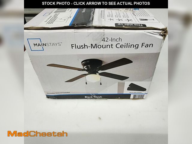 Lot 74-12383395 - Mainstays 42 Inch Hugger Indoor Ceiling Fan with Light Kit  Black  4 Blades  LED Bulb  Reverse Airfl...