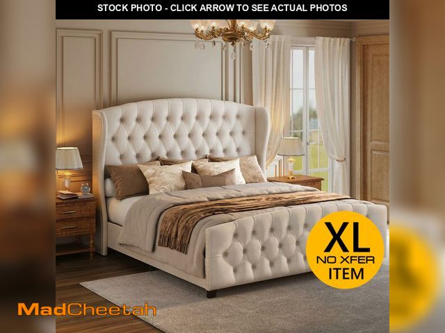 Lot 74-13120913 - VASAGLE King Bed Frame with Tall Headboard, Upholstered Platform Bed Frame King Size, with Wingback ...