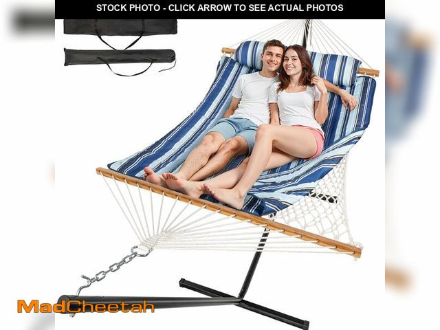 Lot 74-13662234 - Everyfun 2 Person Outdoor Hammock with Stand, Cotton Rope Hammock with Polyester Pad, Adjustable Ste...