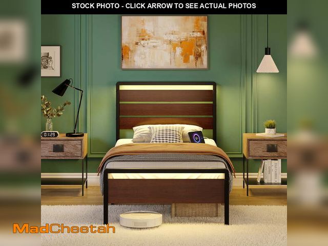 Lot 74-14587732 - Ktaxon Twin Size Bed Frame with LED Headboard &amp; Footboard, Metal Platform Bed with Charging Stat...