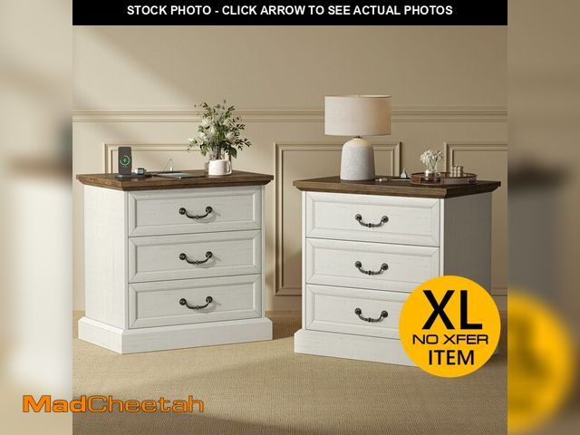 Lot 74-12694991 - Huuger Nightstand with Charging Station, 3 Drawer Night Stand Set of 2, 22 Inch Wider Side Table wit...