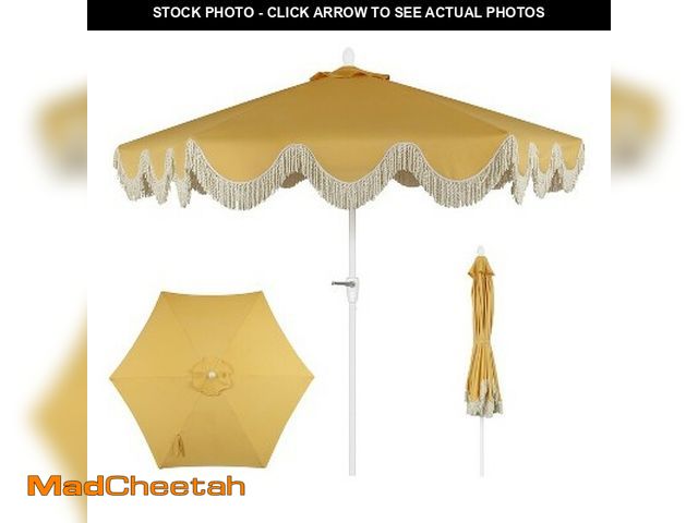 Lot 74-14612465 - JONATHAN Y Collins 9 ft. Bohemian Fringe Outdoor Patio Umbrella w/ Crank Lift &amp; Tilt, Mustard Ye...