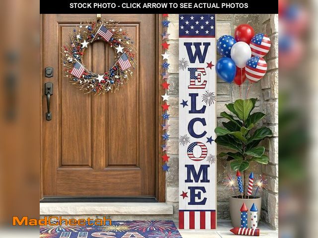 Lot 74-14205545 - 4th of July Welcome Porch Sign 47.2" American Stars Welcome Patriotic Sign for Front Porch, Vertical...
