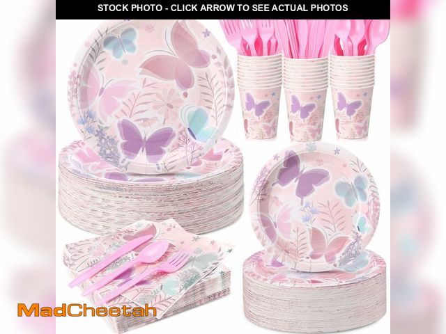 Lot 74-14215744 - Ziliny 350 Pcs Butterfly Party Supplies Tableware Set Disposable 9'' 7'' Paper Plates 9 oz Cups Cutl...