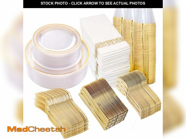 Lot 74-12877649 - I00000 50 Guests Clear Gold Plastic Plates, Gold Disposable Dinnerware Set Includes: 100 Plastic Pla...