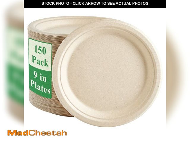 Lot 74-14214961 - Vplus 150 Pack Paper Plates 9 inch 100% Compostable, Heavy-Duty Disposable Paper Plates Bagasse Natu...