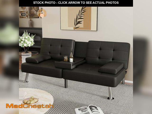 Lot 74-12799843 - Lumihaven Futon Sofa Bed Folding Leather Modern Couch with 2 Cup Holders,Removable Armrests,Black - ...
