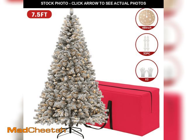 Lot 74-13060434 - VAVSEA 7.5ft Pre Lit Snow Flocked Christmas Tree with Storage Bag, Fence, Tree Skirt, Hinged Artific...