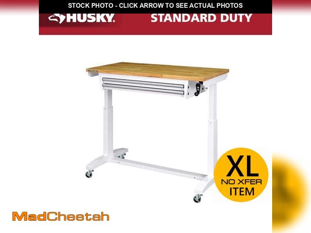 Lot 74-13664683 - Husky 46 in. W x 24 in. D 2-Drawer Adjustable Height White Worktable with Solid Wood Top - UNUSED