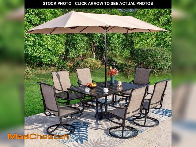 Lot 74-14242873 - *TABLE ONLY* Black 8-Piece Metal Patio Outdoor Dining Set with Slat Rectangle Table, Textilene Swive...