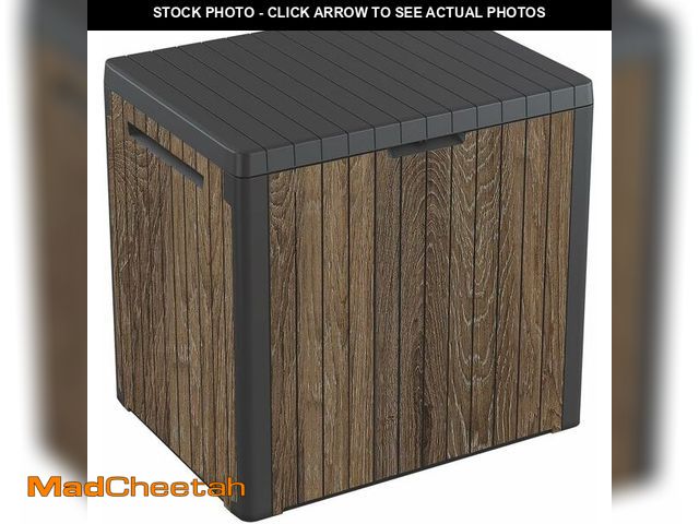 Lot 74-12695685 - Keter Signature Everwood 30 Gallon Resin Outdoor Storage Box and Patio Furniture Side Table for Pool...