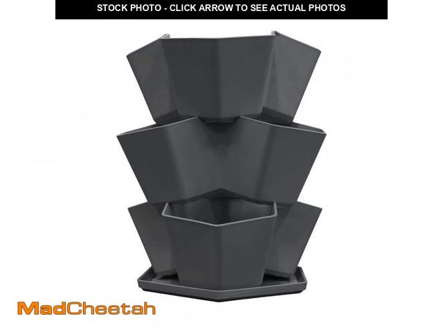 Lot 74-12464038 - Vigoro 6 in. W x 17 in. H 3-Tier Stackable Black Indoor/Outdoor Plastic Decorative Pot - UNUSED