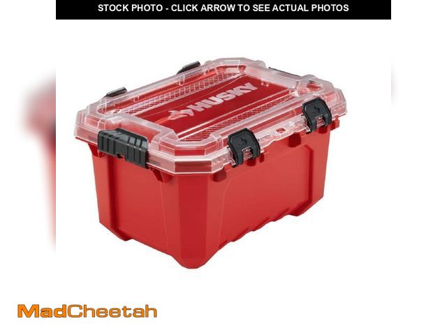Lot 74-14359692 - (MISSING ONE LATCH) Husky 5-Gal. Professional Heavy Duty Waterproof Stackable Plastic Storage Contai...