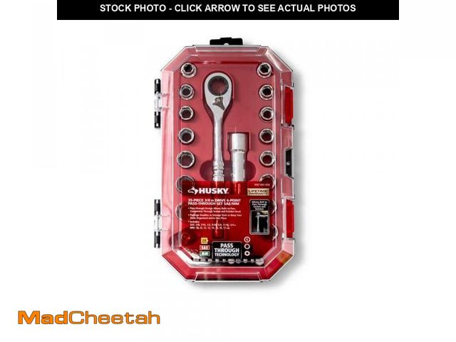 Lot 74-12492127 - (MISSING ONE SOCKET) Husky 3/8 in. Drive 6-Point Pass-Thru Ratchet and Socket Set (35-Piece) - USED