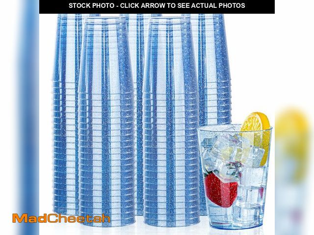 Lot 74-14207784 - DaYammi 100 Pack Blue Plastic Cups 10 oz Disposable Cups Tumblers, Elegant Blue Glitter Party Drinki...