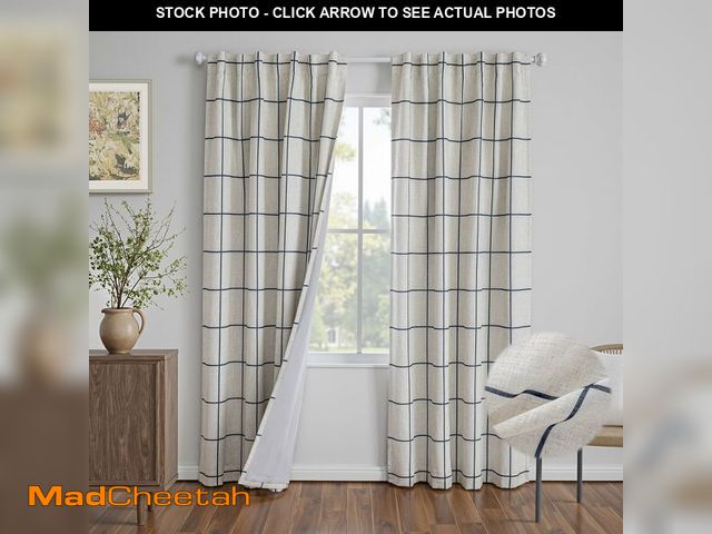 Lot 74-14337510 - MYSKY HOME 100% Blackout Navy Blue Plaid Farmhouse Linen Curtains 84 Inch Long 2 Panels Set Double L...
