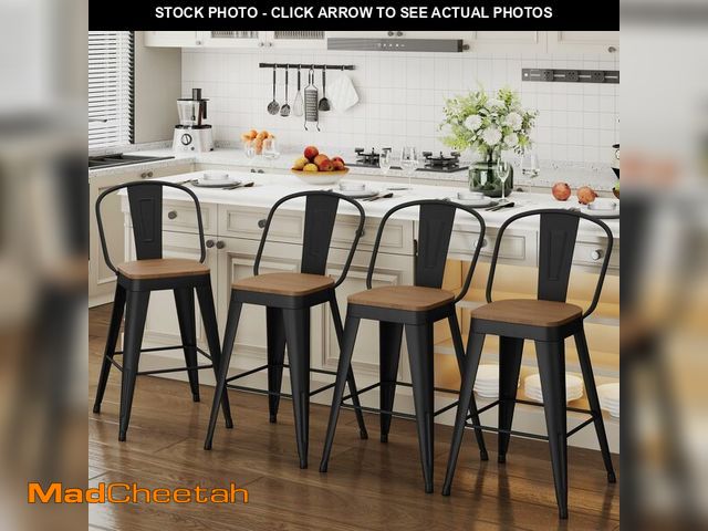 Lot 74-12694885 - ALISH 30 Inch Industrial Bar Stools Set of 4, High Back Metal Barstools with Large Wood Seat, Counte...