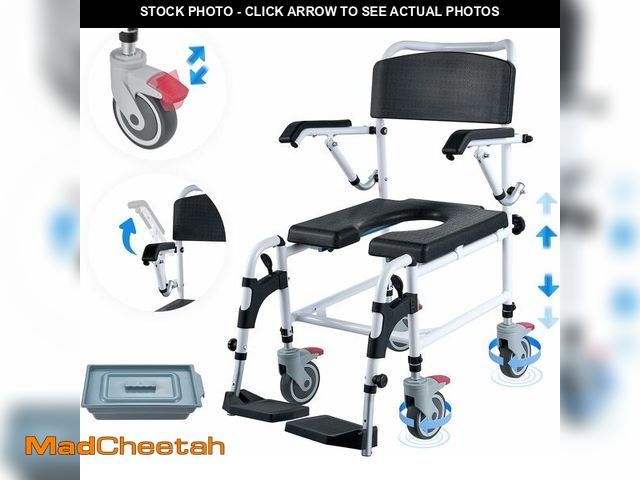 Lot 74-12632709 - VEVOR Shower Commode Wheelchair with 4 Lockable Wheels, Footrests, Flip-up Arms, 3-Level Adjustable ...