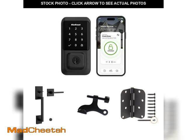 Lot 74-12672623 - HALO Matte Black Smart Lock Deadbolt, San Clemente Handleset, Hinge Pin Stop and 4 in. x 5/8 in. Hin...