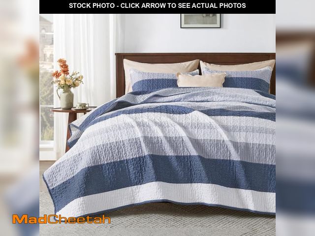 Lot 74-11546319 - Andency Mineral Blue Striped Oversized King Quilt Set, 3 Pieces (1 Quilt and 2 Pillowcases) Patchwor...