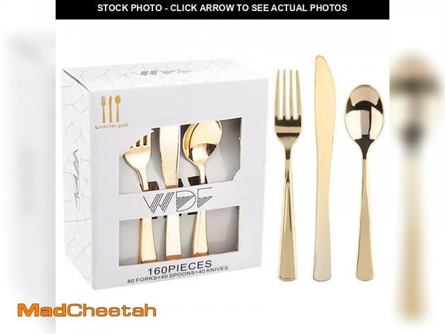 Lot 74-11860071 - WDF 160 Piece Gold Plastic Silverware - Heavy Duty Gold Silverware Includes 80 Forks, 40 Spoons, 40 ...