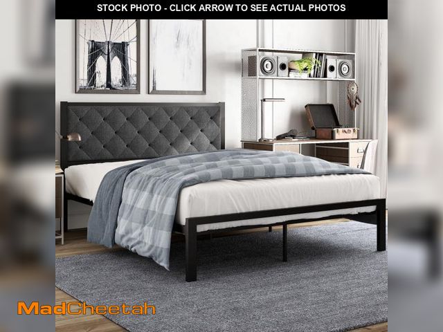 Lot 74-14608083 - Amolife Queen Size Metal Bed Frame with Upholstered Headboard, Dark Grey - USED