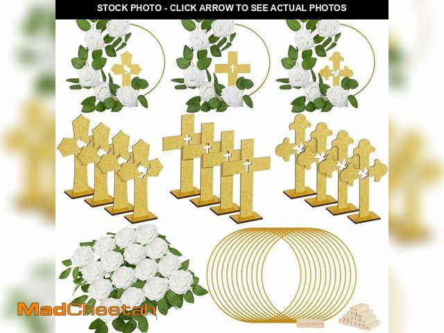 Lot 74-13631808 - Wesiti 48 Pcs Baptism Centerpiece First Communion Table Decoration 12 Wood Cross 12 Floral Hoop with...