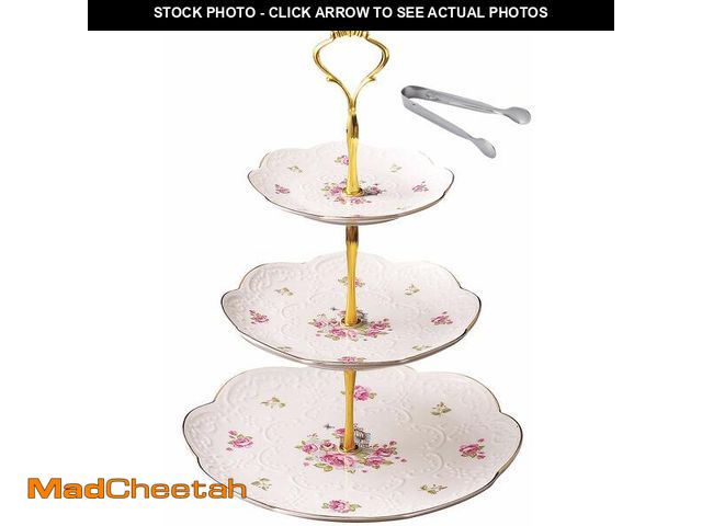 Lot 74-13951205 - JusalphaÃÂ® Elegant Embossed 3-tier Ceramic Cake Stand- Cupcake Stand- Tea Party Pastry Serving Pla...