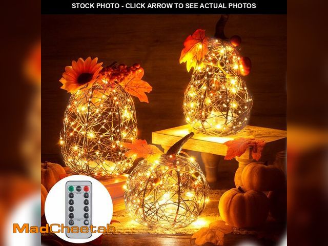 Lot 74-12708452 - 3 Pcs Rattan Lighted Pumpkins Porch Decor Outdoor Pumpkin Set, Rustic LED Grapevine Wicker Pumpkin 6...