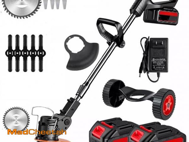 Lot 74-12480633 - Tntants Electric Weed Wacker Cordless String Trimmer With Wheels 2Pcs 24V Batteries 3 Types Of Blade...