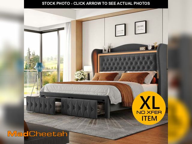 Lot 74-12636533 - Homfa King Size LED Bed Frame with Storage Drawers, 54in Tall Velvet Upholstered Headboard Platform ...