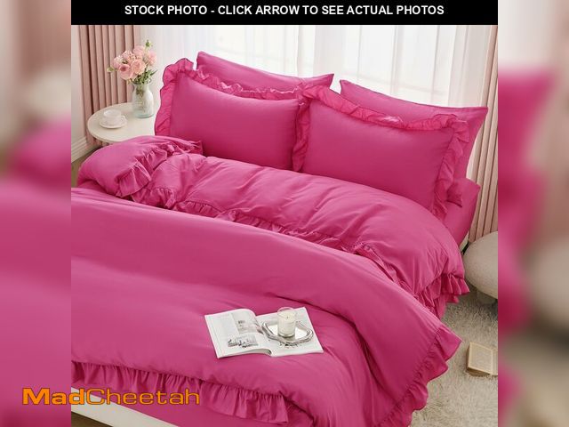 Lot 74-13961467 - Horbaunal 5 Pcs Hot Pink Ruffle Duvet Cover Queen Size Soft Microfiber Shabby Chic Ruffled Duvet Cov...