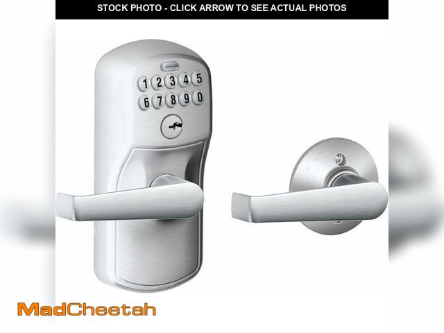 Lot 74-14591532 - Schlage Electronic Keypad Lock, Lever Handle, Plymouth Trim, Satin Chrome - UNUSED