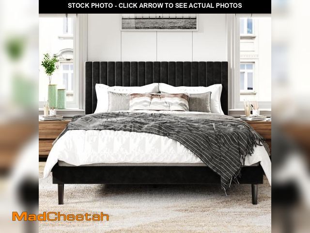 Lot 74-12200019 - Sismplly Queen Size Bed Frame with Velvet Upholstered Headboard, Platform Bed with Strong Wood Slats...