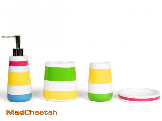 Lot 74-12437056 - Hermosa Collection Colorful Striped Four Piece Kids Baby Bathroom Fun Accessories Set(Multicolor Acc...