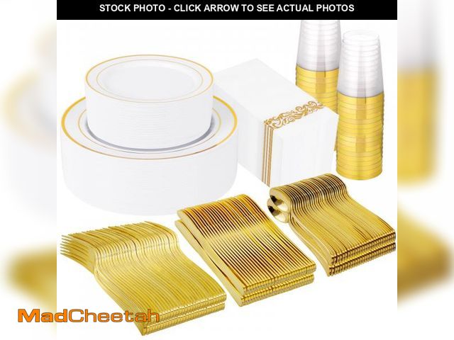 Lot 74-12313459 - Supernal 400pcs Gold Plastic Dinnerware Set for 50 Guests-Gold Plastic Plates Heavy Duty Disposable ...