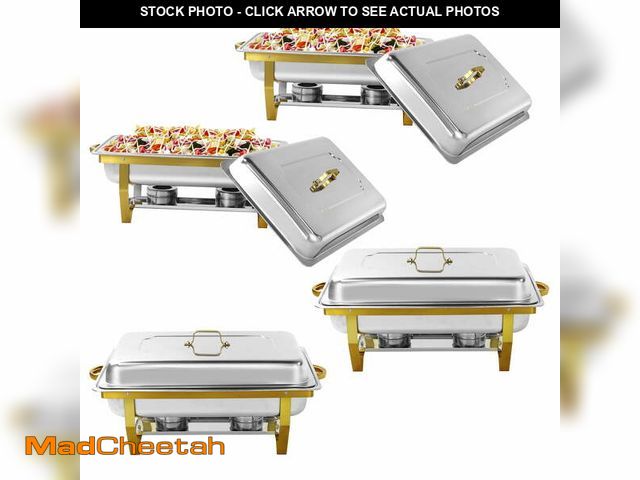 Lot 74-14259325 - Jacgood Rectangle Golden Chafing Dish Buffet Set, 8Qt 4 Pack Full Pan Stainless Steel Catering Warme...