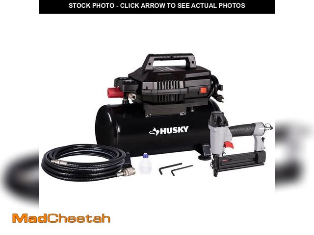 Lot 74-13270236 - Husky 4 Gal. 175 PSI Electric Oil-Free High Performance Air Compressor with 25 ft. PVC Air Hose and ...